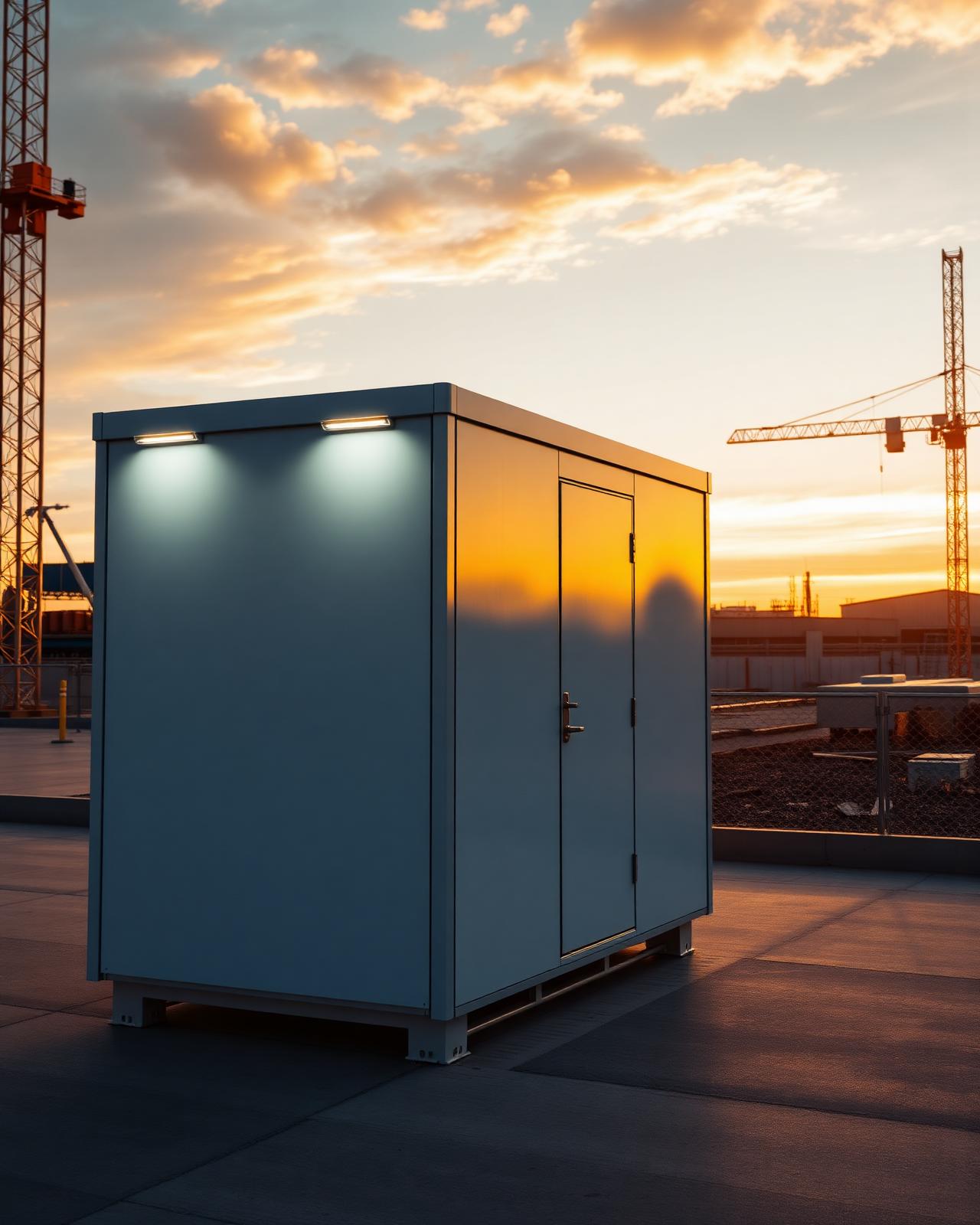 Clean Site Rentals premium portable restroom unit deployed on a construction site at dusk